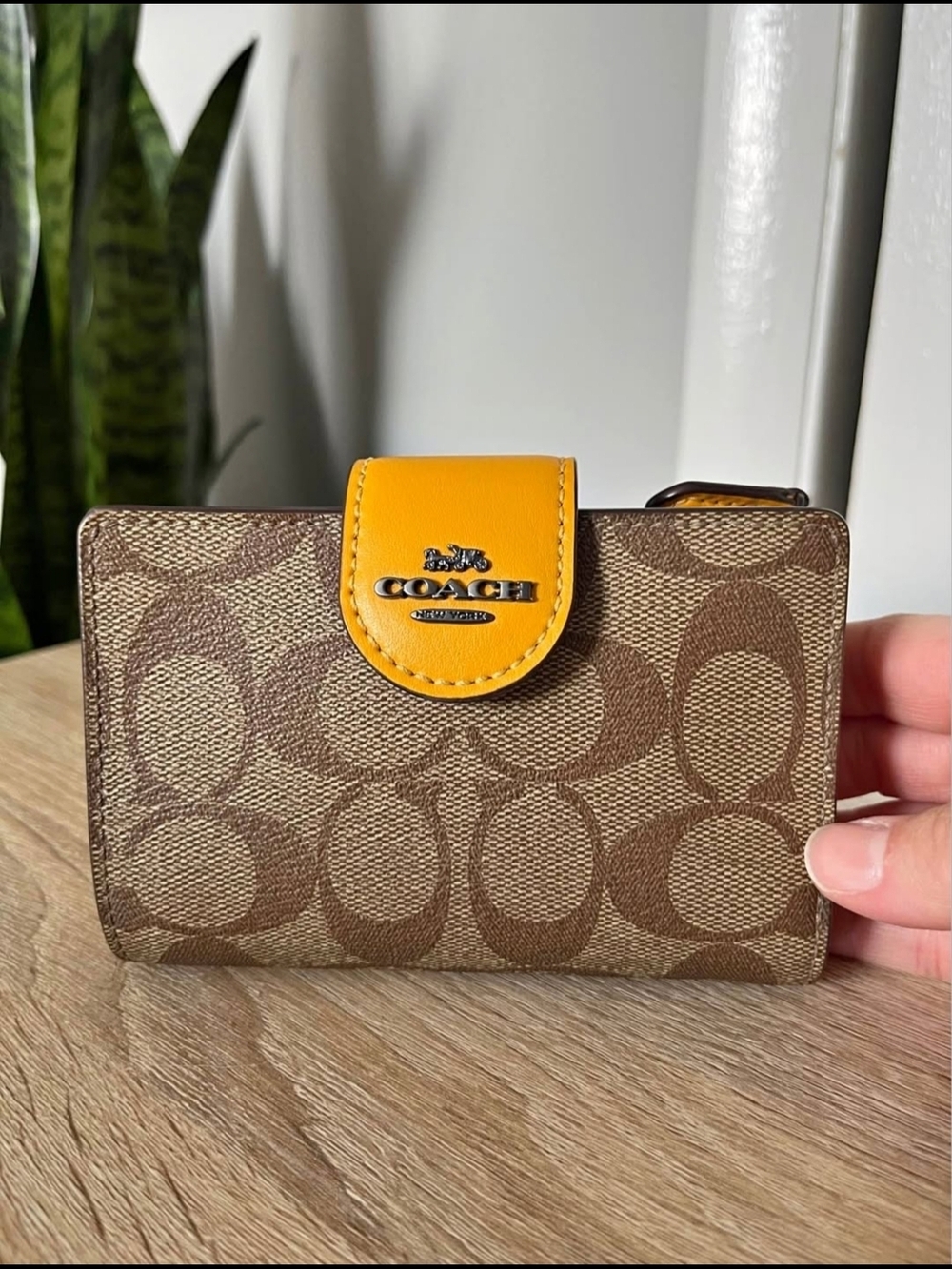 Coach Medium Corner Zip Wallet in Signature Canvas – Khaki/Ochre